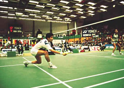 Badminton wedstrijdnetten op rij